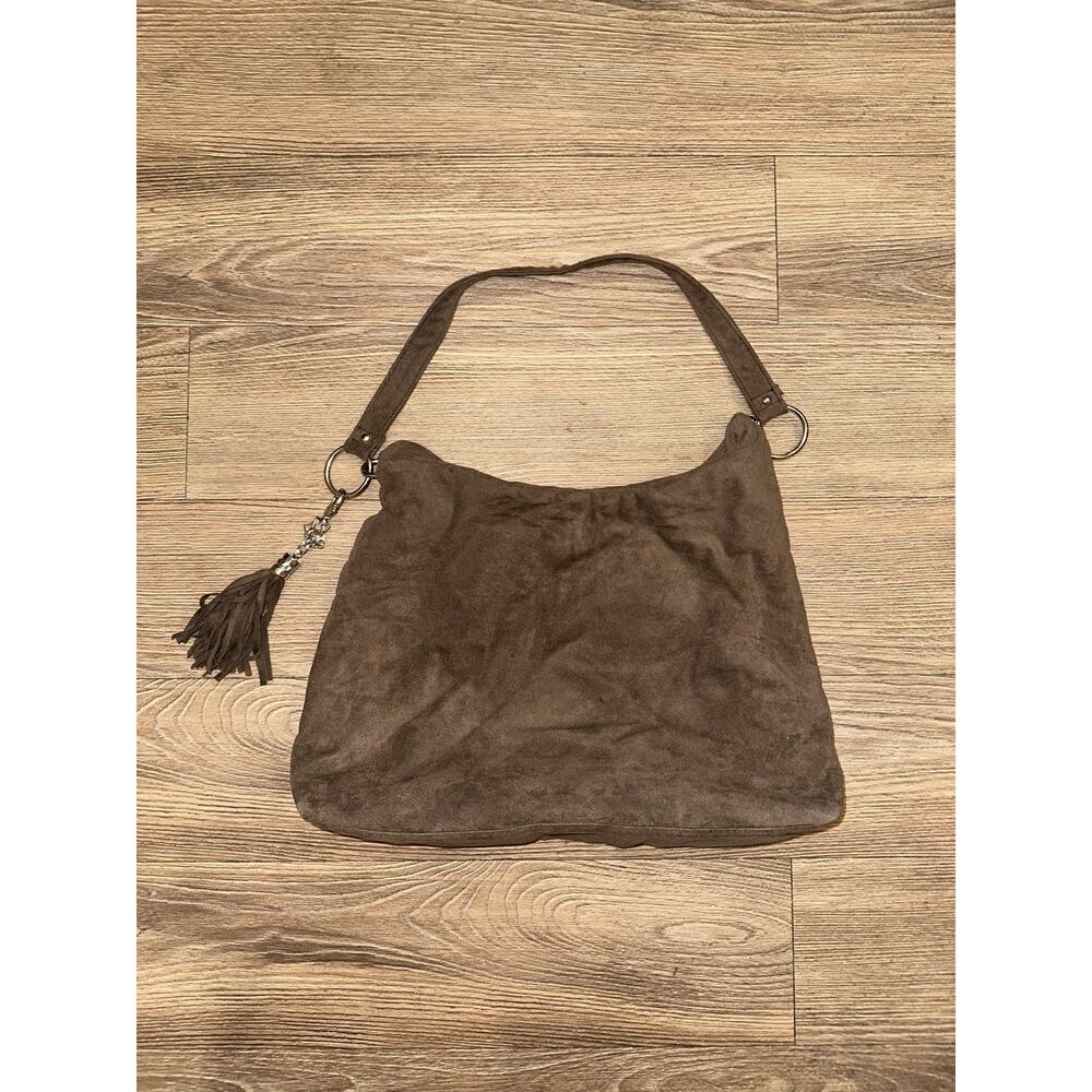 B. Makowsky Brown Faux Suede Hobo Shoulder Bag Silver Hardware Tassel - Picture 3 of 3